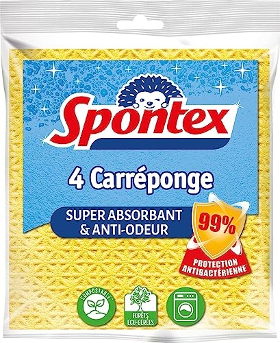 SPONTEX - Carréponge - 4 éponges Plates résistantes et Flexibles - Protection Anti-bactéries