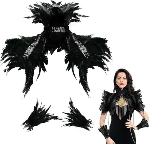 Sunwuun Schwarzer Federumhang mit Feder-Manschetten Maleficent Kostüm Damen,Victorian Gothic Federset Flügel Kostüm,Federrock Pfau Kostüm für Damen,Halloween Maskerade Cosplay Kostüm