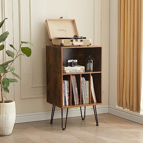 Leesingdo Record Player Stand with Vinyl Storage, Vinyl Record Storage Cabinet Holds Up to 150 Albums, End Table for Record Player, Turntable Stand for Living Room, Brown