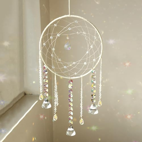 Artilady Dream Catchers with Crystals - Large White Boho Moon Dream Catcher Wall Decor House Decorations for Home Girls Kids Baby Bedroom Room Decor Christmas Birthday Teen Girl Boys Gifts
