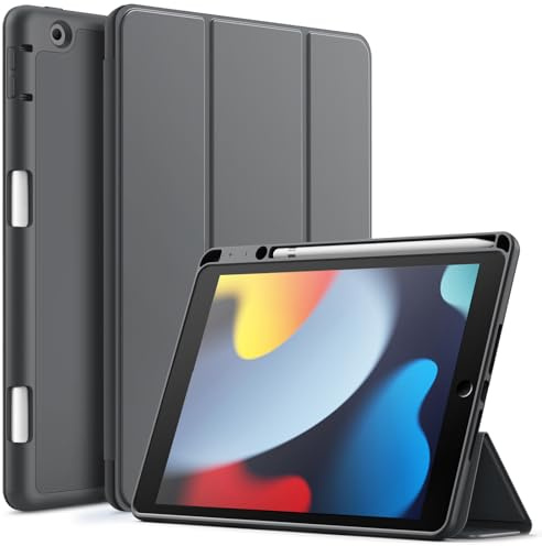 JETech Hülle für iPad 9./8./7. Gen 10,2, Dunkelgrau | Für iPad 10,2 (2021/2020/2019), Weiches TPU, Pencil Holder, Dreifach-Ständer, Auto Schlafen/Wachen, Stoßfestes Leichtdesign