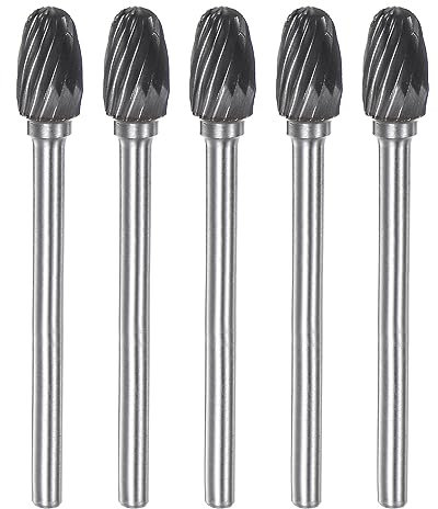 sourcing map 5pcs Carbide Rotary Burrs 1/8 (3mm) Shank 1/4 (6mm) Head Single Cut Oval E Shape Die Grinder Bits Rasp Files for Hard Metal Wood Stone Polishing Engraving