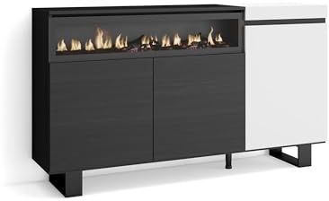 Skraut Home | Sideboard, Highboard | Kommode, Komodenschrank | 150x87x35cm | 3 Türen | Elektrokamin. Maße | Industriedesign | Moderner Stil | Weiß und Schwarz