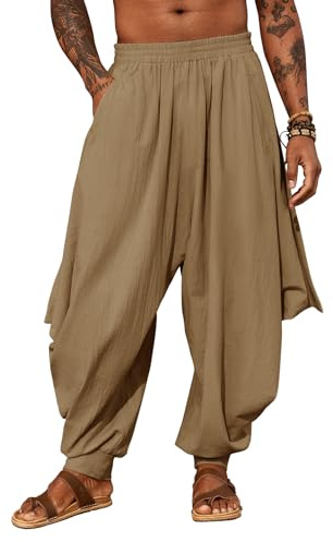 PASLTER Mens Harem Pants Linen Yoga Beach Baggy Summer Boho Aladdin Genie Pants Brown