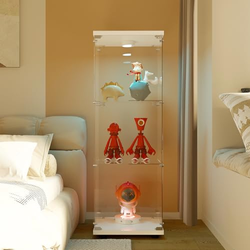 fortuna Lai Glasvitrine stehend mit LED 46x36x125cm, vitrinenschrank mit 3 Schichten, Modern Glas Vitrine Standvitrine für Sammlerstücke Bücher Wein (Weiß mit LED-Licht, 42x36x125cm)