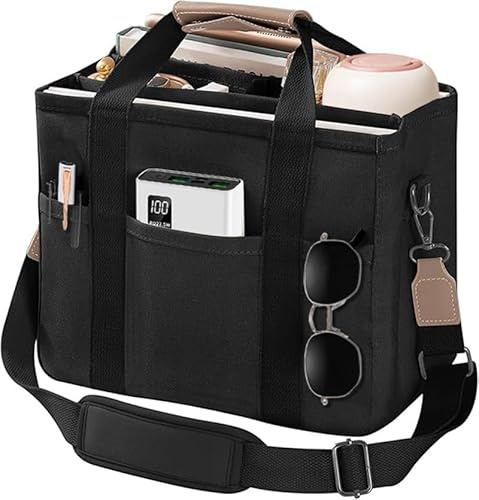 AioTio Canvas Tragetasche Damen Multi-Pocket Tasche Casual Organisiert Schultertasche Tote Bag für Student, Mütter, Büroangestellte(Schwarz)