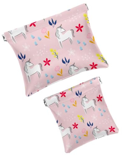 Pocket Cosmetic Bag Squeeze Top, Pink Background Unicorn Plant Waterproof Travel Makeup Bag for Purse, Portable Mini Makeup Pouch No Zipper for Women