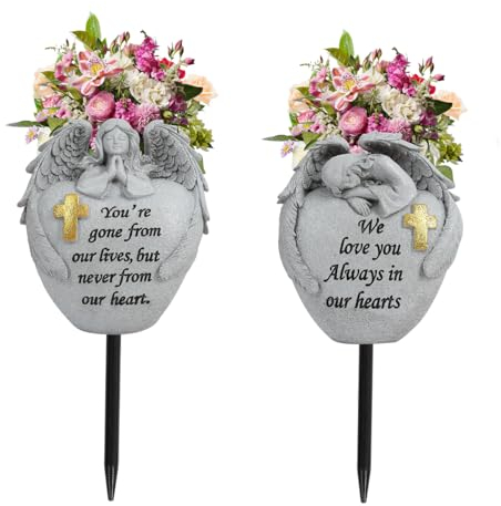 Friedhofsblumen für Grabengel und Kreuz, Friedhofs-Gedenkvase, Friedhofsblumen-Grab, 2-teilige Engel-Friedhofsvase mit Eisen-Spikes, Gartendekoration, Gedenkgeschenk für verlorene Liebe (1 weiß)