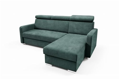 LIKMA Flaschengrün Ecksofa Mako mit Schlaffunktion und Bettkasten, 213 cm x 100 x 165 cm, Sofa L-Form, Schlafsofa, Verstellbare Kopfstützen, Wohnlandschaft, Schlafcouch Stoff: Anafi 09
