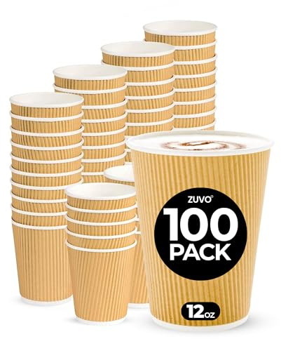 Zuvo Disposable Paper Coffee Cups 12oz, Takeaway Ripple Brown, 100 Pack | Without Lids, triple wall ripple construction, brown kraft paper, for tea, coffee, cappuccino and hot chocolate