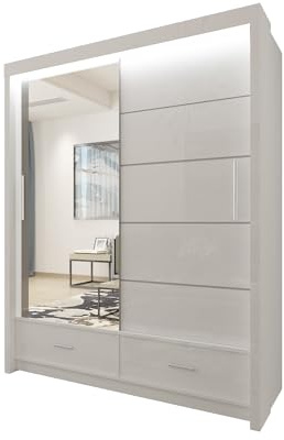 UK Sliding High Gloss Sliding Door Wardrobe with LED Light – Modern 2&3 Door Mirror Bedroom Wardrobe with Drawers, Hanging Rail, & Shelves for Bedroom Furniture (150cm White)