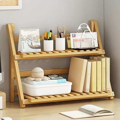 JIAOCKJIAO 2-stöckiges Desktop Bücherregal Tischregal, Lagerregal aus Bambus, Schreibtisch Bücherregal, mit Schutzgeländer, Offenes Schreibtisch Organizer, (Natural,16''/40cm)