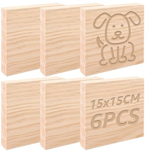 CYEER 6er Set Holzblöcke Kiefer 15x15x2,5cm – Unbehandeltes Massivholz zum Schnitzen, Malen & Basteln – Quadratische Holzbretter für DIY-Projekte, Brandmalerei & Gravur