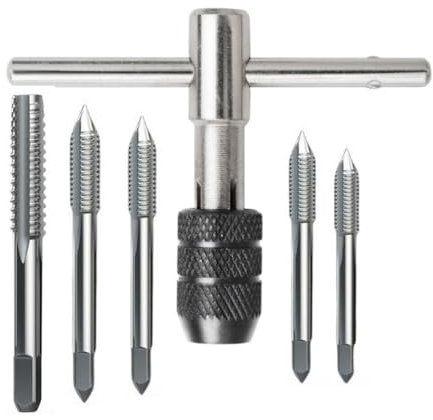 Gewindeschneider-Set mit T-Gewindebohrern für Metall/Aluminium/Kunststoff/Holz, verstellbarer T-Griff, Ratsche, Windeisen mit M3, M4, M5, M6, M8, 6-teilig