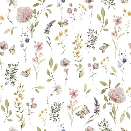 CHDITB Colorful Flower Wallpaper,Flower Butterfly Wallpaper,Wildflower Bedroom Wall Paper Girls (44x300cm) Botanical Leaves Stickerss Self Adhesive,Floral Boho Wall Sticker for Living Room Kitchen