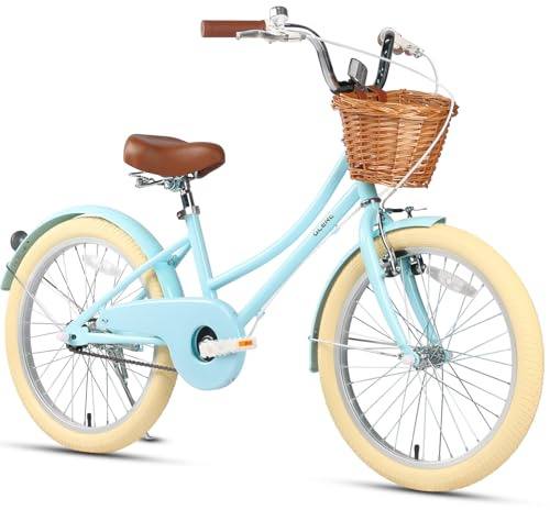 Glerc Little Molly 20 Inch Kids Girls Bike for 7 8 9 10 11 12 13 Years Old Little Girls Retro Vintage Style Bicycles with Wicker Basket, Kickstand and Bell for Birthday Gift, Blue