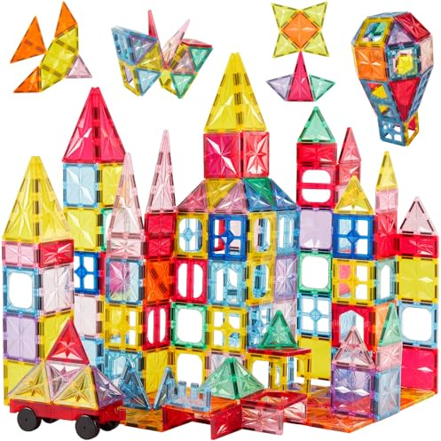 AOLEVA 100PCS Magnetische Bausteine mit Autos für Kinder, Farbe Thema Magnetische Fliesen Konstruktion STEM Spielzeug Geschenke für Kinder ab 3 4 5 Jahre