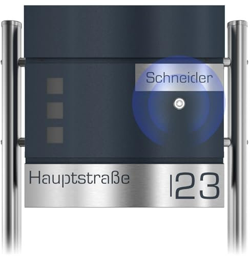 Graviers Design Briefkasten mit Funkklingel Ständer - Sichtfenster Postkasten personalisiert Edelstahl Name Straße Hausnummer Laserschnitt Gravur Anthrazit RAL 7016 Briefkasten mit Schloss