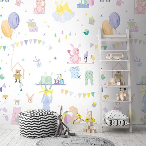 Profhome Kindertapete 391881-GU Vliestapete lila gelb rosa blau Fototapete 0,53 m x 8,80 m / 4,45 m2