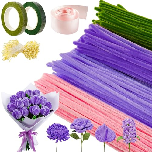 Kit de Flores con Limpiapipas Manualidades - 400 limpia pipas para manualidades en 4 Colores + Alambre Manualidades para Decoración, Cinta Floral y Estambres para Ramos DIY (Morado)