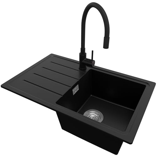 PRIMAGRAN Lavandino da Cucina al Mobile 45cm + Rubinetto, 70x44cm | Set: Rubinetto BW6020 + Kit di scarico + Lavello in Granito a 1 Vasca - Copenhagen Easy, Nero