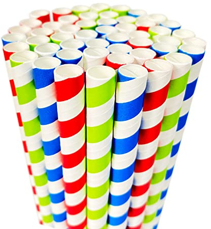 WREWING 200 Pcs Biodegradable Large-Bore Boba Straws - Colorful Striped, Eco-Friendly Paper Drinking Straws, Individually Wrapped for Juice & Bubble Tea (12mm x 197mm)