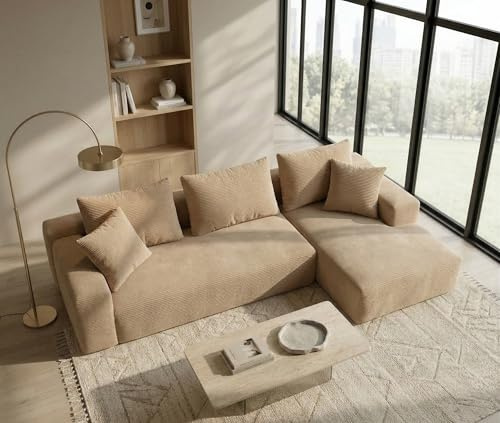 Sofá Esquinero Chaise Longue Forma L Moderno de Espuma Comprimida, con función Cama, envío Caja Sin Montaje (Pana Beige, Chaise Longue Izquierda)