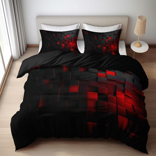 Quixora Bettwäsche 180 x 200 Wende Bettbezug Set 3 Teilig, Schwarz, Muster Schwarze und rote Würfel Blöcke, Weiche Microfaser Bettbezug mit Reißverschluss und 80x80cm Kissenbezug