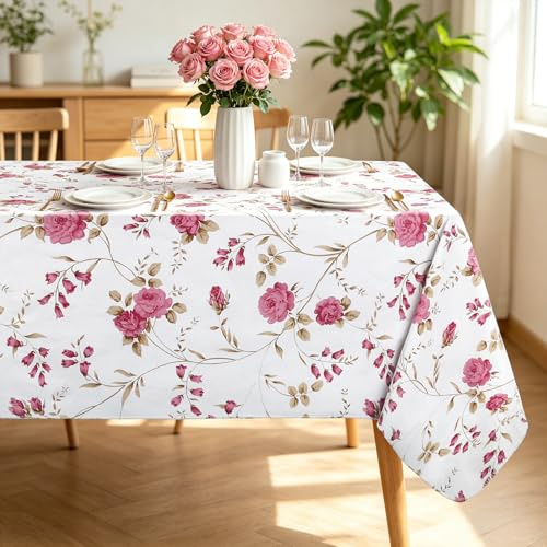 Arquiel Vintage Flowers Rectangle Tablecloth, Wipe Clean Reusable PVC Pink Rose Tablecloth Waterproof Oil-Proof Table Cover for Home Kitchen Dining Party Decoration, 152x180cm