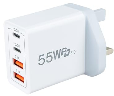 USB C Plug Fast Charge, 55W 4-Port Multi USB Charger Plug UK Dual Port PD Power Adapter +QC Wall Plug Multiport Mains Type C Charging Plug compatible with i Phones 16 15 14 13 SSamsung, i-Pads, I-pods