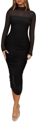 REORIA Women's Fall Mesh Sheer Long Sleeve Midi Ruched Bodycon Dress Sexy Slim Mock Neck Elegant Club Evening Party Cocktail Dresses Black Small