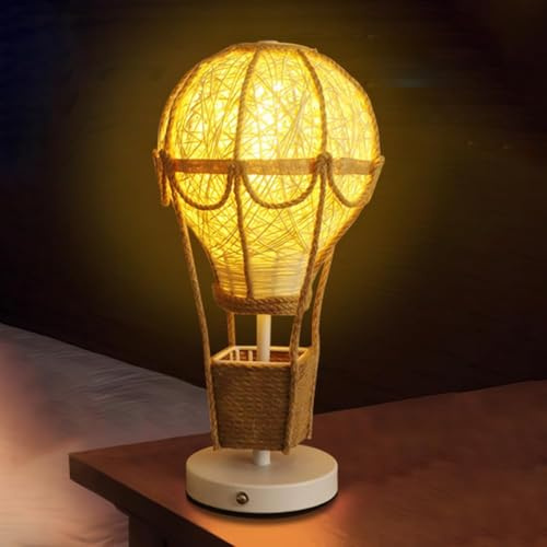 OOWOKS Lampe de chevet pour enfants avec variateur tactile, lampe de table Boho sans fil, lampe montgolfière pour chambre d'enfants, design en rotin et corde de chanvre, veilleuse pour enfants 3000K
