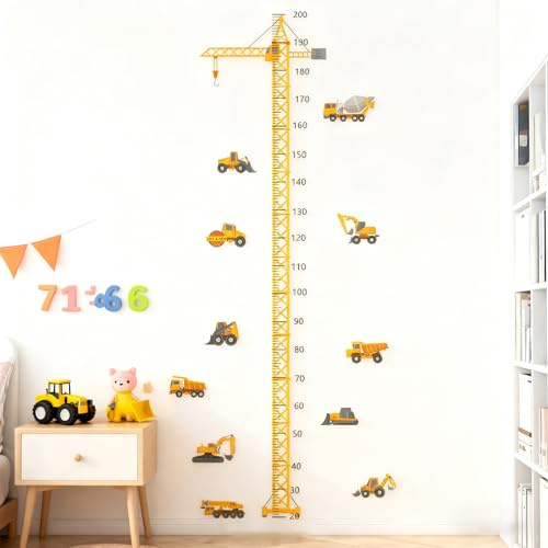 Vbxvsa Selbstklebende Wandtattoo Messlatte, Baufahrzeuge & Technische Fahrzeuge Design, Wachstums-Chart für Jungen und Mädchen Kinderzimmer Dekor, 20-200cm Messbereich (Baggerfahrzeuge)