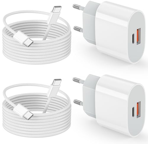 2 Pack Chargeur USB C, 20W 2 Ports Prise USBC Rapide Secteur Alimentation, Multi Secteur PD+QC Type C Adaptateur avec 2M Cable für Apple iPhone 17/17 Pro/17 Air/17 Pro Max/15/16/16 Plus/16 Pro Max