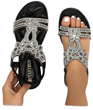 Black Womens Sandals Wide Width uk,Wide Width Bohemian Sparkling Women's Walking Non Slip On Casual Summer Beach Shoes Ankle Elastic Strap Lightweight Comfortable Flats Dressy Outdoor