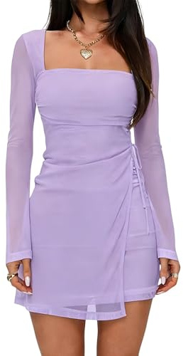 Remxi Women's 2026 Mesh Mini Dress Sexy Square Neck Long Sleeve Dress Wrap Tie Party Club A Line Short Dresses Purple M
