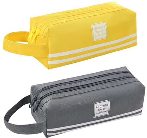 Sacolin 2 Pcs Pencil Case, Double Layer Oxford Fabric, Large Capacity Stationery Pouch, Portable Pen Bag with Handle, 7.7 X 3 X 3 in, Yellow and Dark Grey