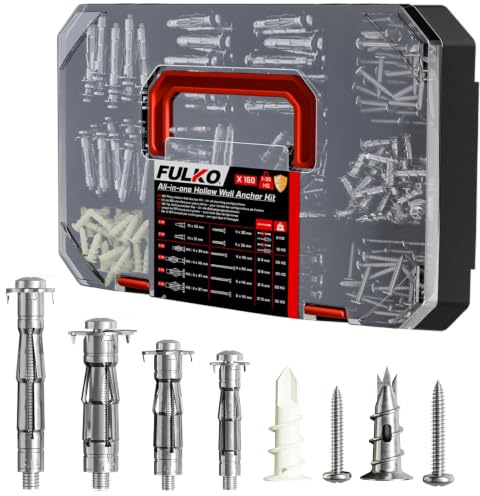 FULKO Kit Chevilles Placo 160 Pièces – Cheville Molly Charge Lourde M4 M5 M6 – Chevilles Placo Métalliques et Nylon Autoforeuses – Fixation Plâtre Expansion avec Vis