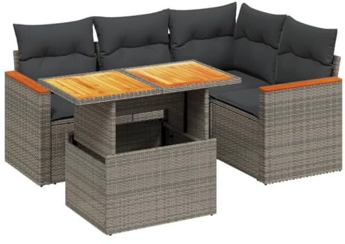 Foknhdi 5-TLG. Gartenmöbel-Set Grau Poly-Rattan Sofa mit verstellbarem Tisch Balkon Loungemöbel für kleinen Garten Terrasse Wintergarten