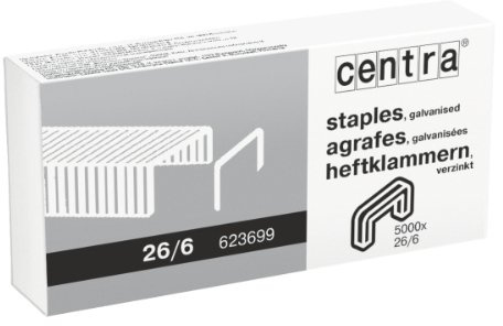 Centra 26/6 mm galvaniserade häftklamrar – paket med 5 000
