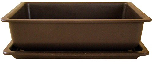Genki-Bonsai Pflanzschale 28 x 21 x 8 cm aus Kunststoff – rechteckiger Pflanzkübel mit Untersetzer, frostbeständig, mit Drainagelöchern – für Bonsai, Kräuter, Zimmer- & Balkonpflanzen