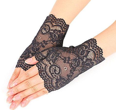 Nanxson Damen Fingerlose Spitzen Handschuhe Braut Spitzen Handschuhe für Hochzeitsfeier Halloween ST0084 (Schwarz-84, Eine Größe)