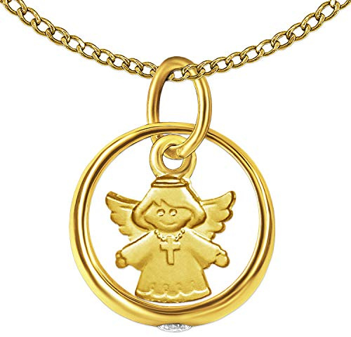 CLEVER SCHMUCK Taufkettchen Taufring mit Zirkonia und Schutzengel 7 mm teilmatt und Panzerkette 34 cm beides 333 Gold 8 Karat im Schmucketui anthrazit