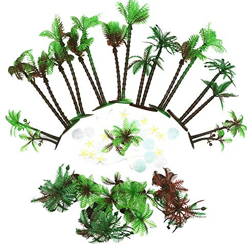 Allazone Modell Bäume Coconut Palmen, 20 Stück Mini Palme Kokosnuss Kunststoff, 22 Stück Schale und Seestern zum Cupcake Topper, Kuchen Dekorieren, Aquarienpflanzen, Landschaft Model