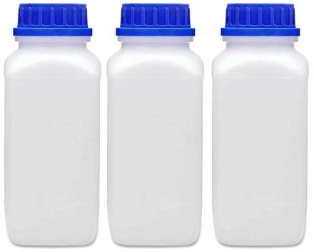 plasteo® 3x 1000 ml Weithalsflasche mit Schraubverschluss | Laborflasche Chemikalienflasche | lebensmittelecht mit Gefahrgutzulassung | absolut dicht spülmaschinengeeignet BPA-frei Plastikflasche