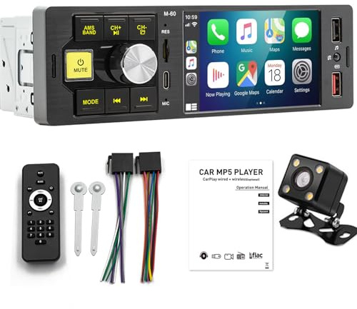 Auto Estéreo con Bluetooth Carplay Android Auto 1 DIN Reproductor Video Multimedia Pantalla táctil de 4.1 Bluetooth Mirror Link, Puerto de Carga USB/Tipo C Unidad Principal con cámara Trasera