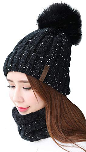 Damen Wintermütze Schal Set,Warm Weichem Innenfutter Strickmütze und Schal mit Fleecefutter,Winter Wärme Beanie Mütze Strickschal Set,Schlauchschal Hüte Mützen mit Kunstpelz Bommel Pom