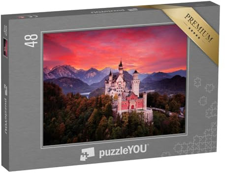 puzzleYOU: Puzzle 48 Teile „Märchenschloss Neuschwanstein im blutroten Sonnenuntergang“ – aus der Puzzle-Kollektion Schloss Neuschwanstein