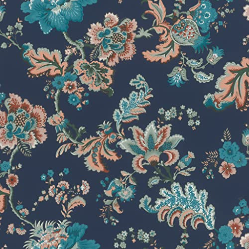 Rasch Tapete 710533 - Dunkelblaue Vliestapete mit großen Blumen in Blau, Rosa und Grün aus der Kollektion Sophia - 10,05m x 0,53m (LxB)