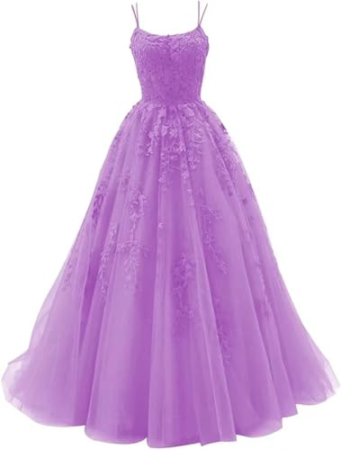 HYEC7 Women's Spaghetti Straps Tulle Prom Dresses Long Lace Appliques Ball Gown Formal Evening Party Gowns Lilac